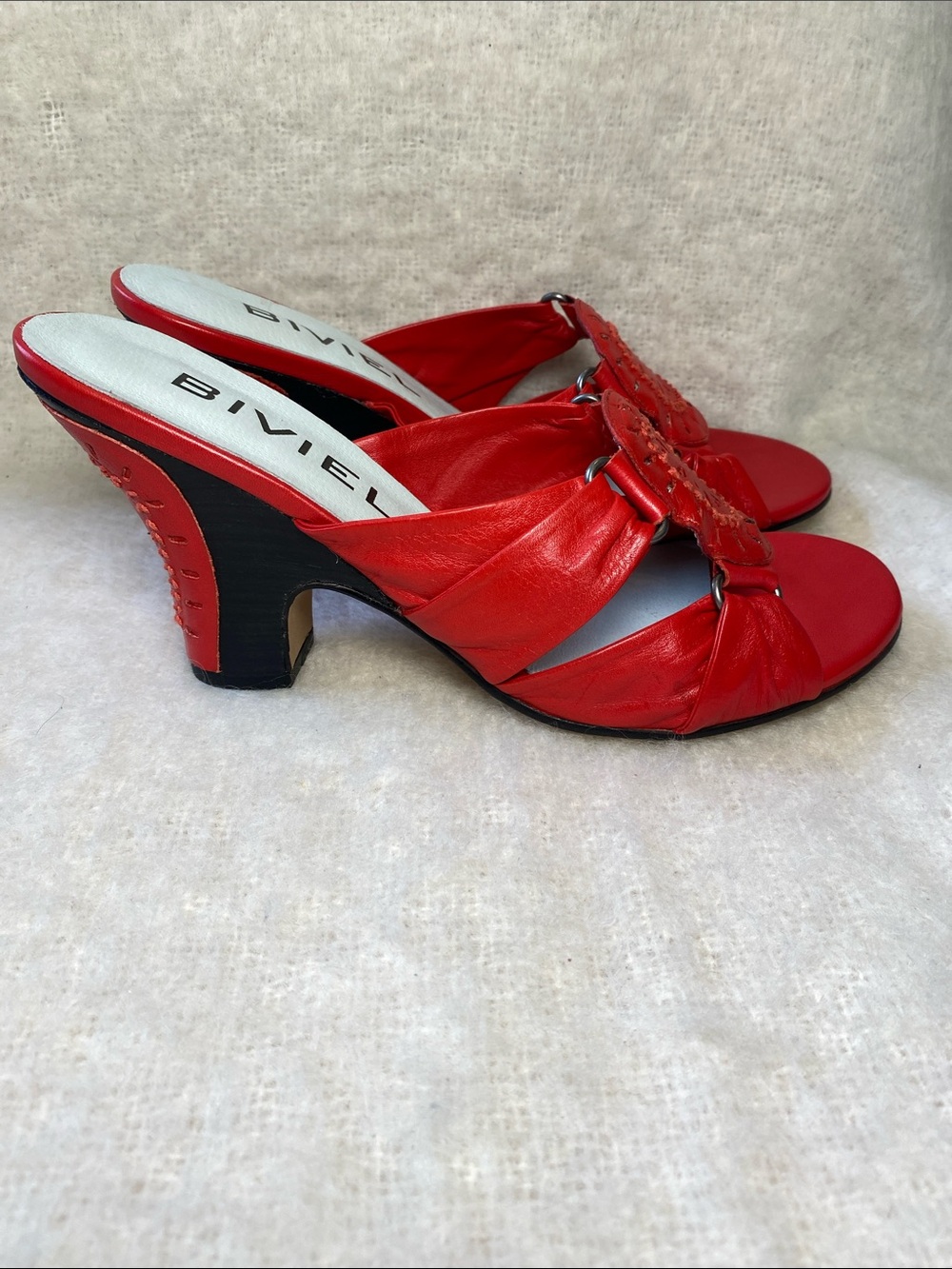 Biviel Red Leather Slide Mules with Decorative Medallion Size 40